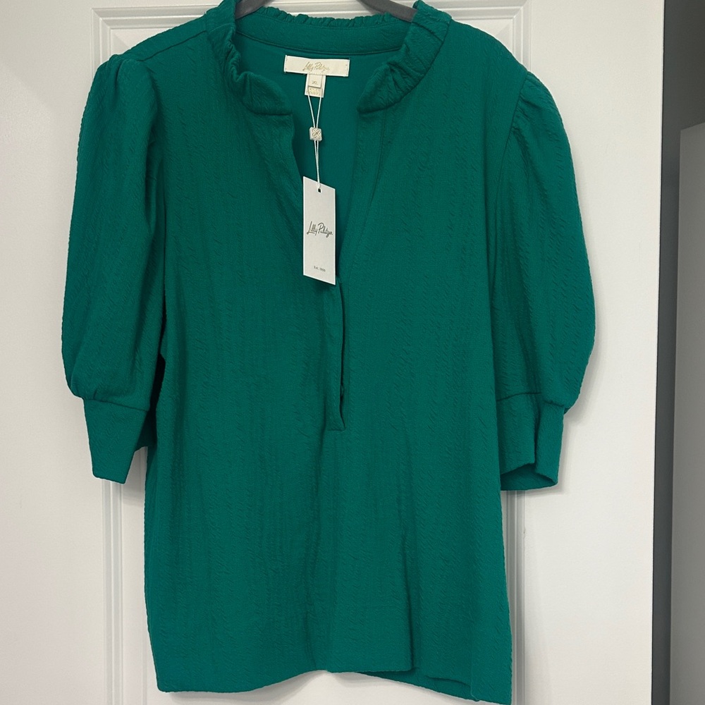 Lilly Pulitzer Fiddle Leaf Green Puff-Sleeve Elsey Knit Top